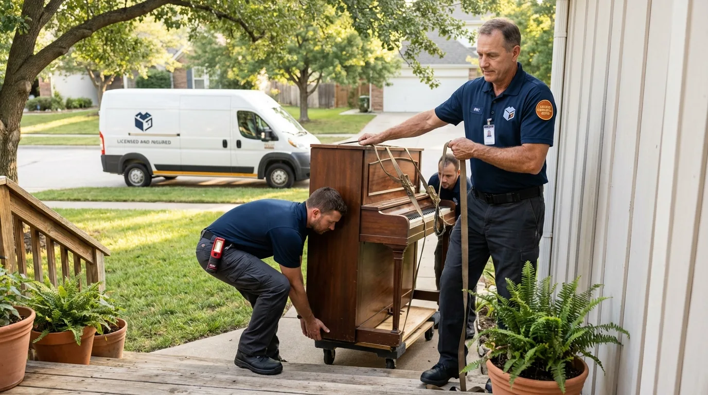 Licensed piano movers securing grand piano in Hurley, NY