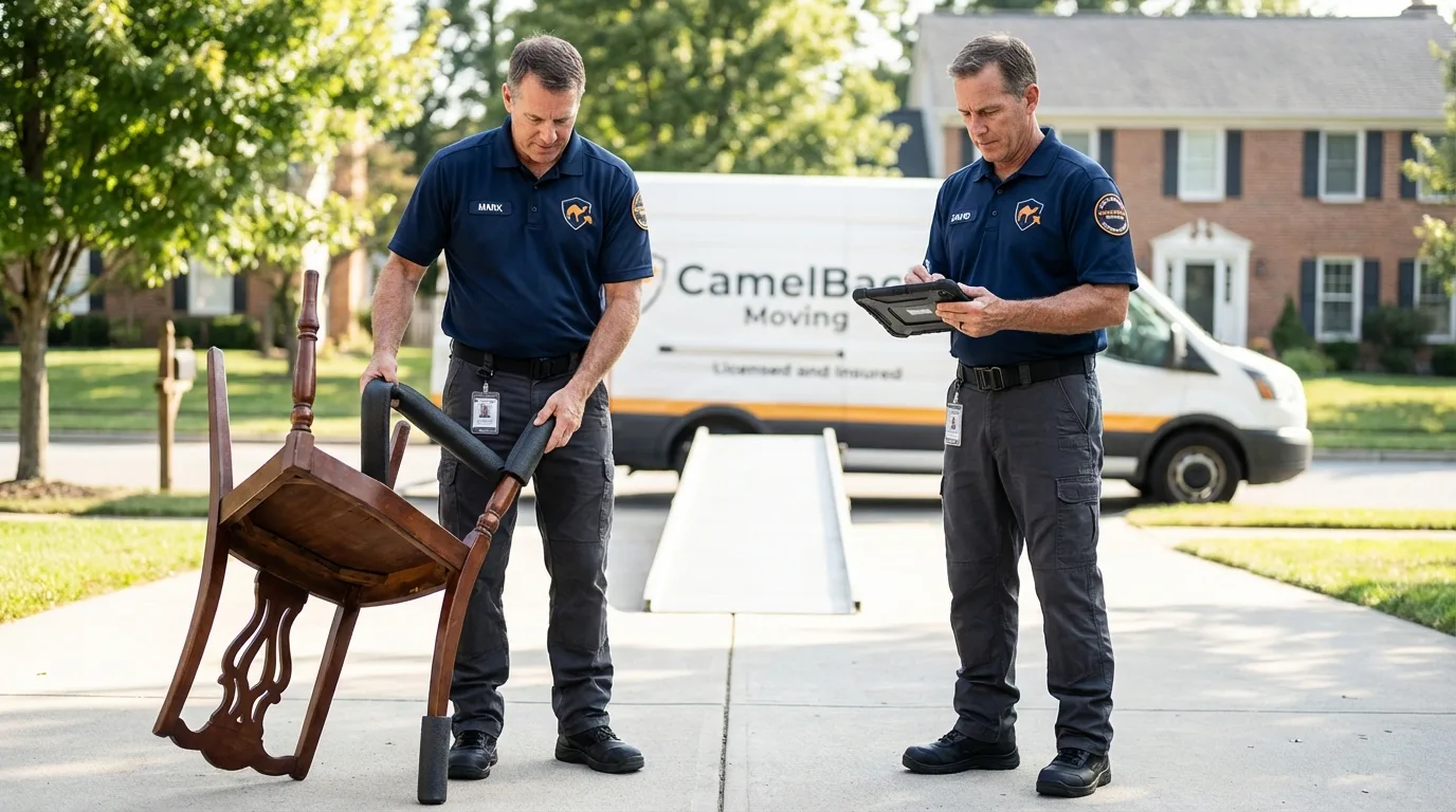 Movers inspecting furniture for damage prevention before loading in Hurley, NY