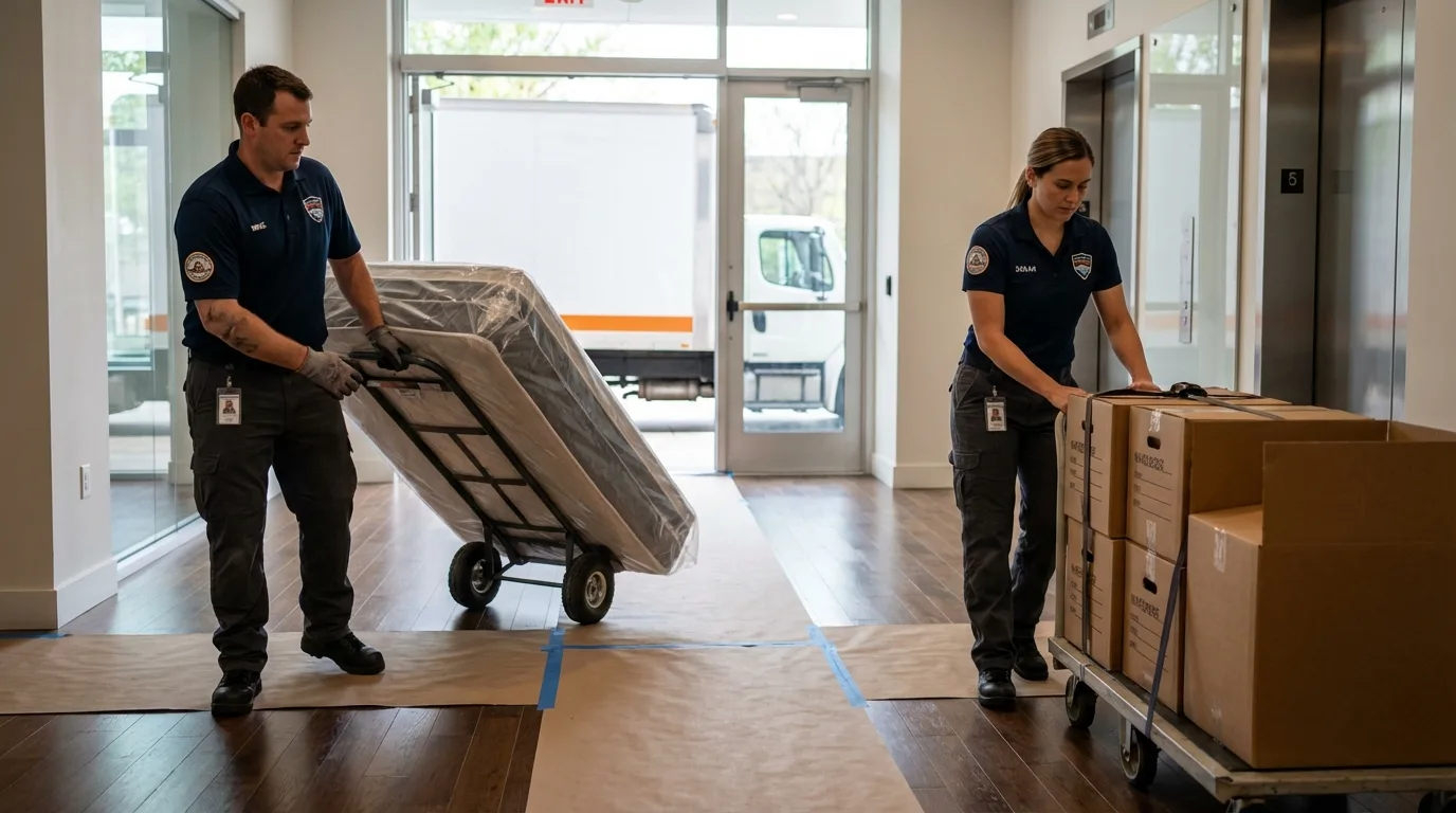 Professional apartment movers loading elevator in Hurley, NY